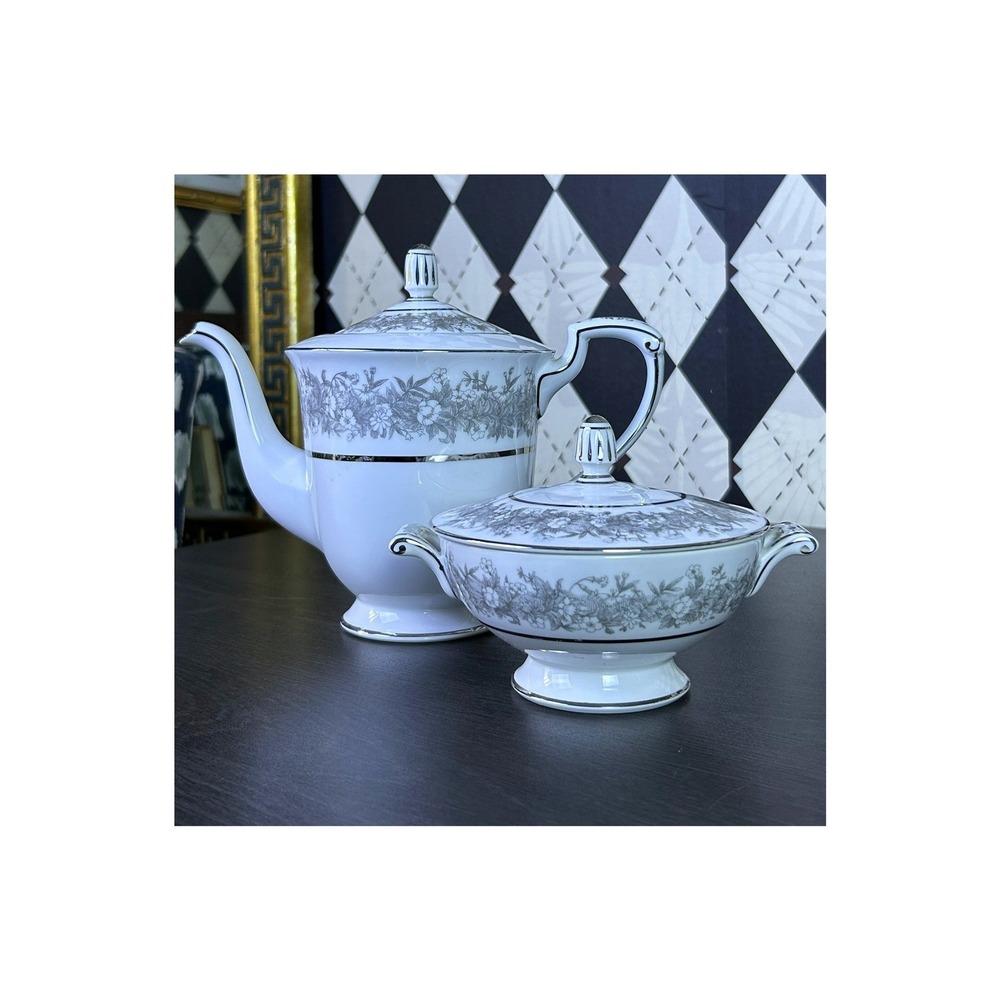 Vintage Sango Florentine Teapot Sugar Bowl Set White Silver Floral China